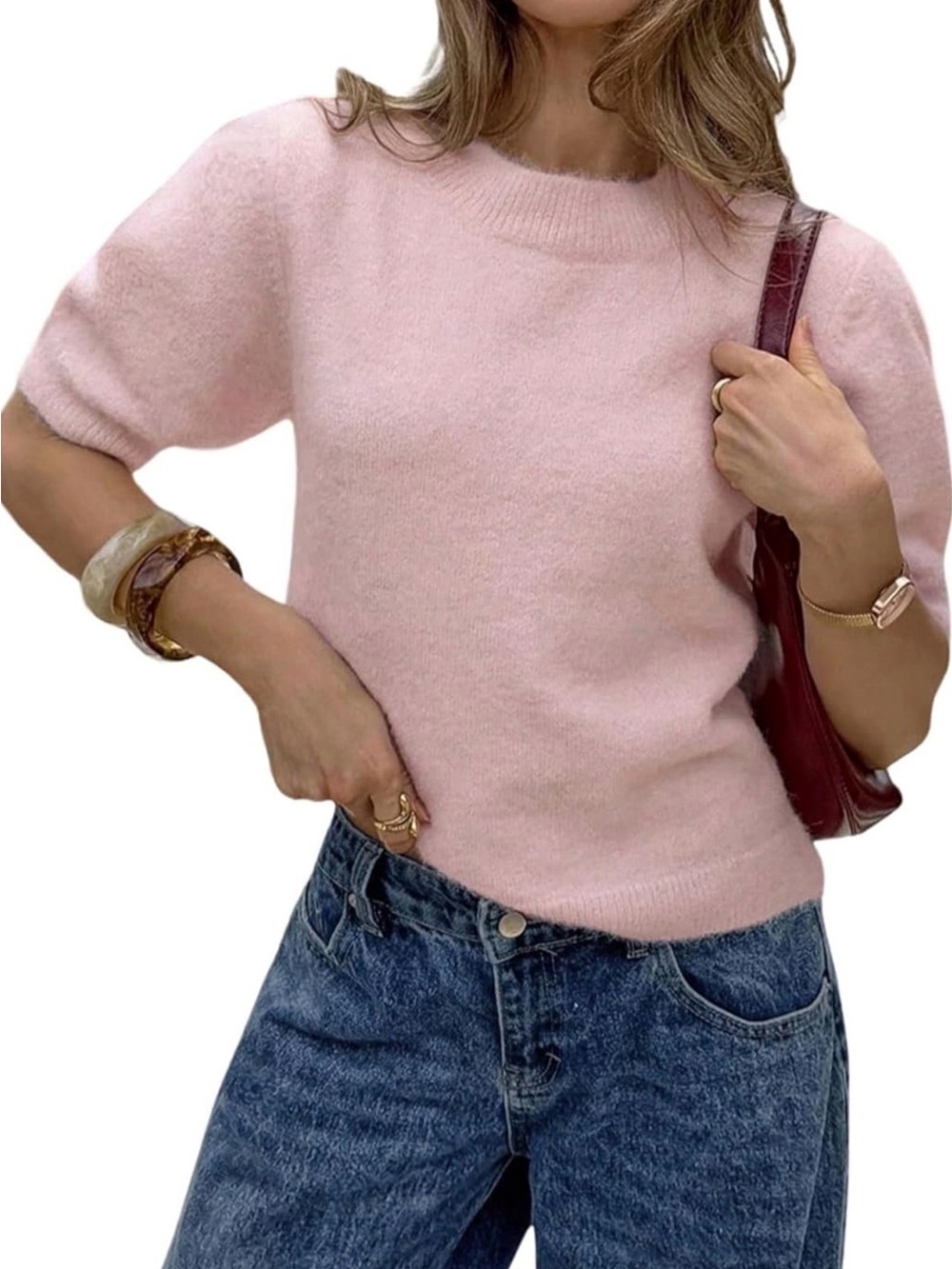 Soft Pink Fuzzy Short-Sleeve Sweater - Picture 2 of 4